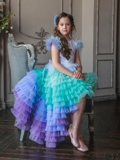 Платье детское Роскошь с детства Алиса, белый-мятный-фиолетовый, 134