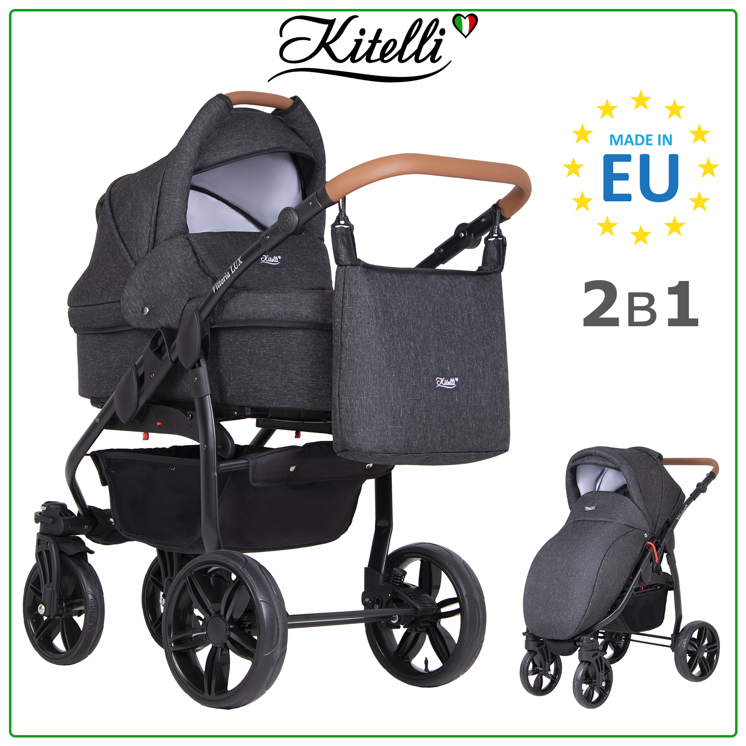 Коляска 2 в 1 Kitelli Vittoria LUX 2, черный, рама черная