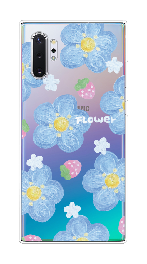 

Чехол на Samsung Galaxy Note 10 Plus "Цветы и клубники", Прозрачный;голубой;белый, 28550-1