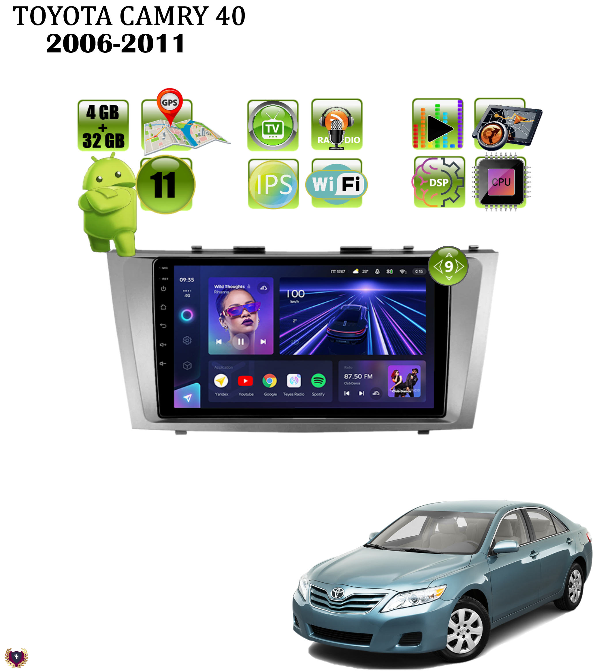 Автомагнитола Podofo для TOYOTA Camry 40 (2006-2011), Android 11, 4/32 Gb, Wi-Fi, GPS, IPS