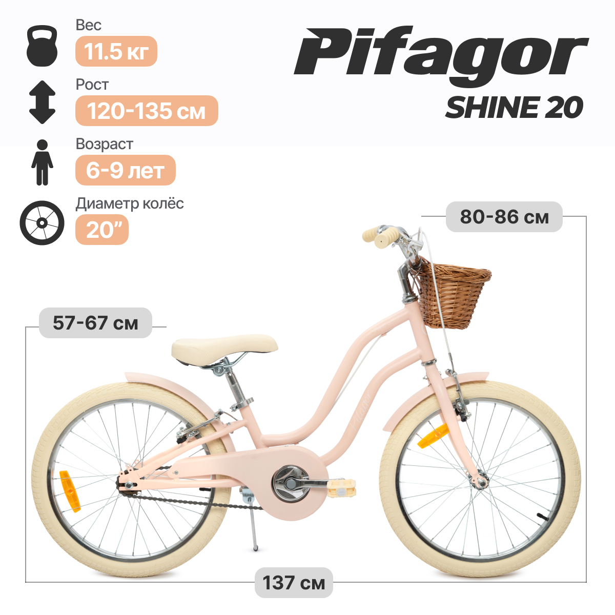 Велосипед детский Pifagor Shine 20 Розовый матовый PR20SNPK