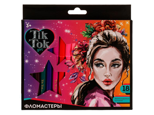 

Фломастеры 18цв, круглые, карт коробка TIK TOK GIRL в кор.8*12шт