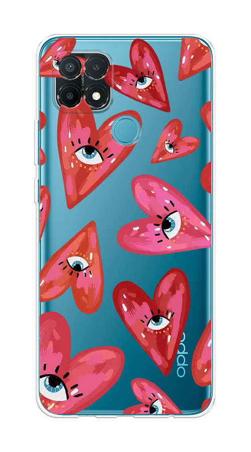 

Чехол на Oppo A15/A15s "Сердечки с глазами", Коричневый;красный;розовый, 254750-1
