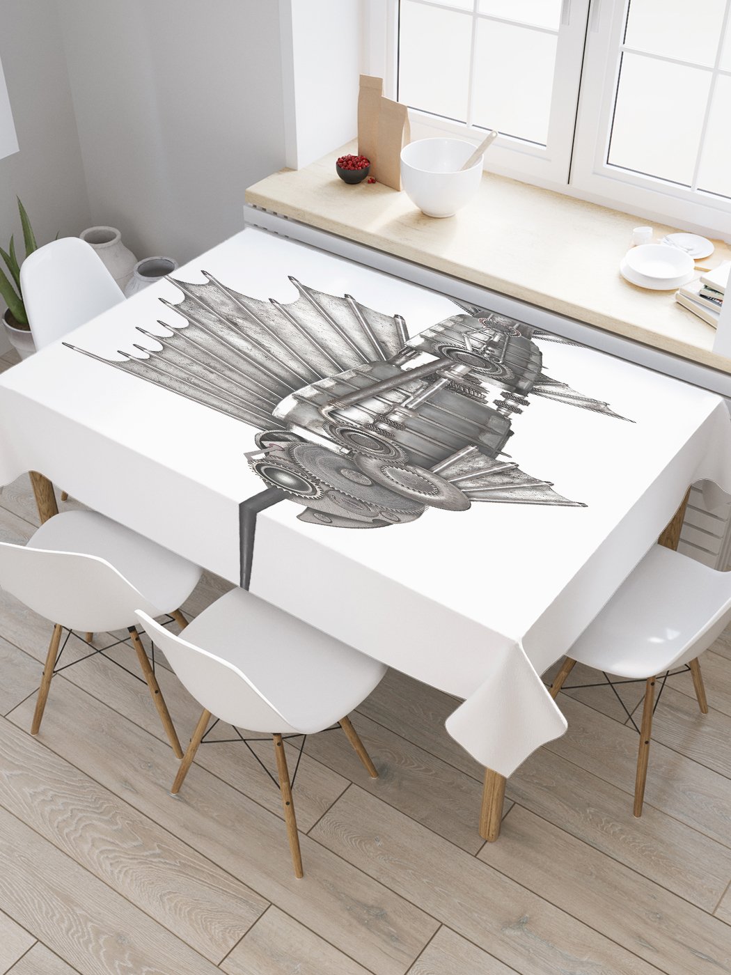 

Скатерть прямоугольная JoyArty "Механическая рыба" из сатена, 180x145 см, Белый, Механическая рыба