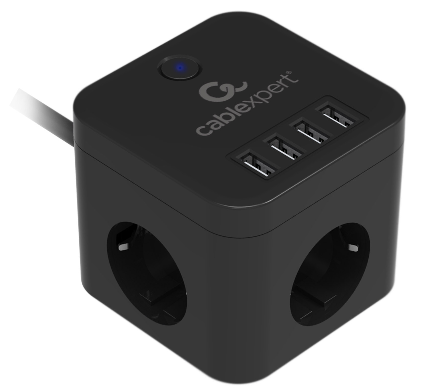 Сетевой фильтр Cablexpert Cube, 3 розетки, 10А, 4хUSB, ур.защиты 4+, чёрный, 1.5 м сетевой коннектор cablexpert