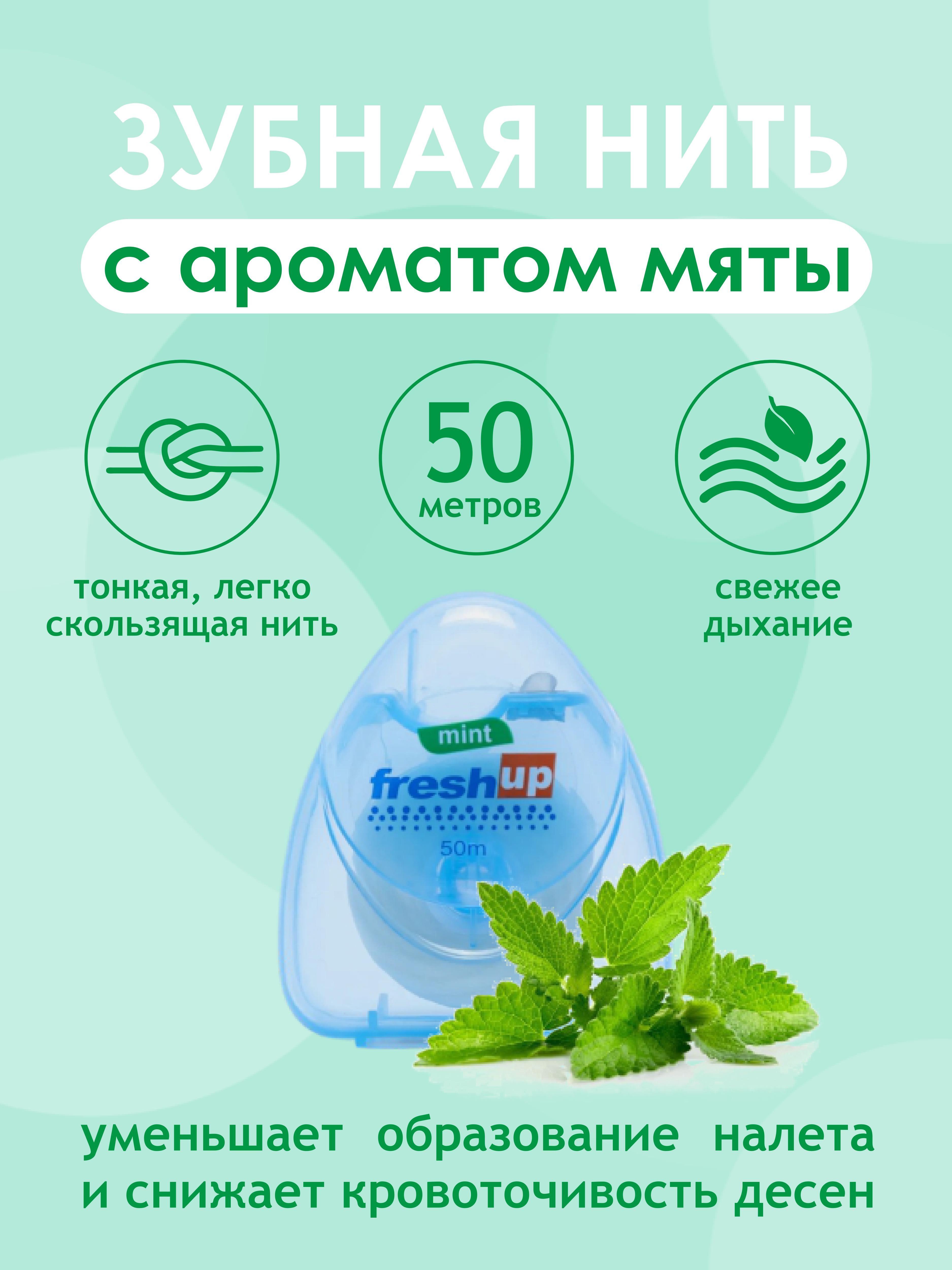 Зубная нить FreshUp со вкусом мяты mint, 50 м