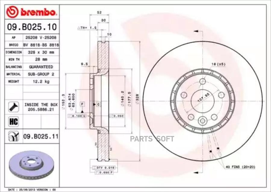 

Диск Тормозной Передний Volvo Xc60 All 08-> /Vent. D=328mm Brembo 09.B025.11 Brembo арт. 0