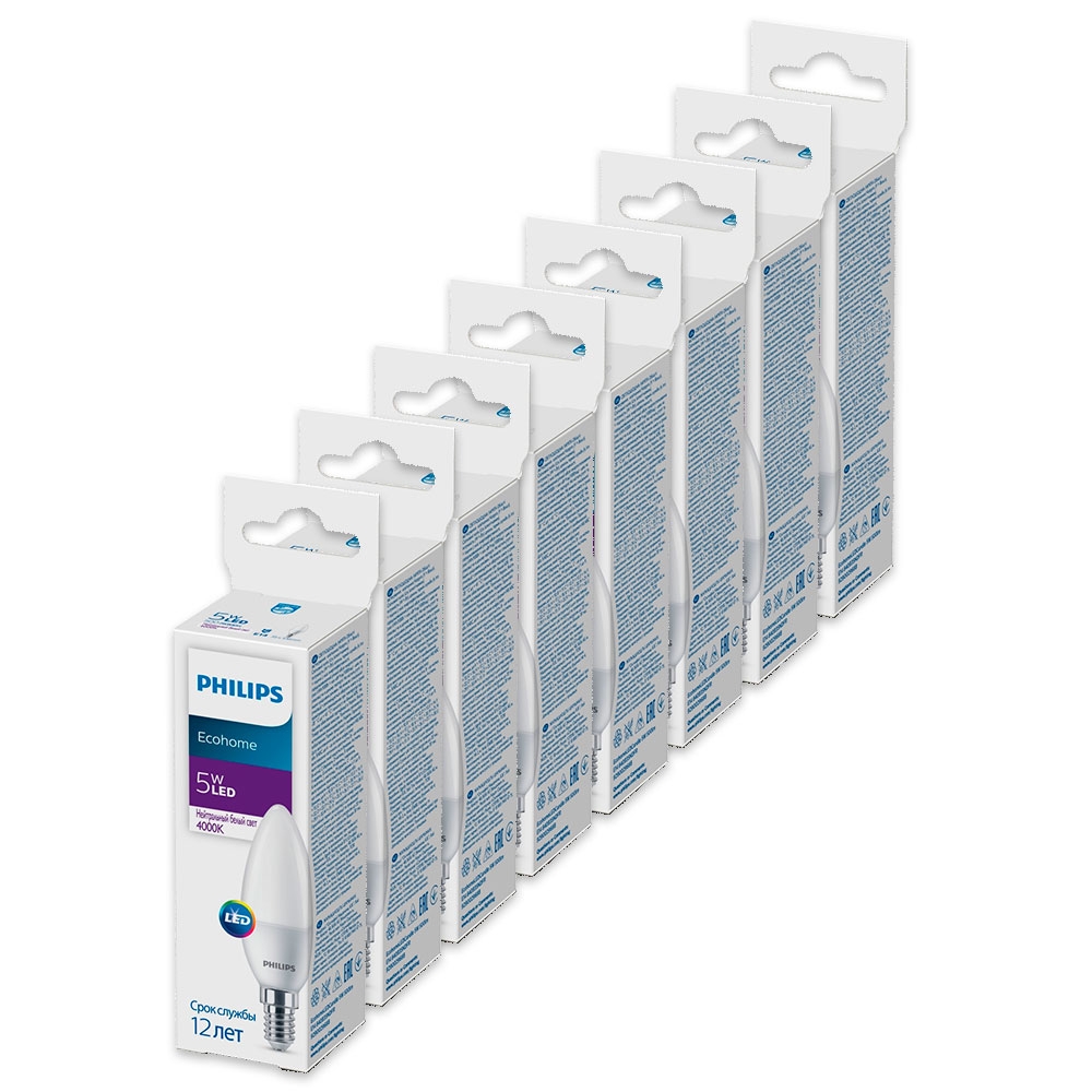 

Комплект светодиодных ламп E14 5W 4000К (белый) B35 Ecohome Philips (311550) 8 шт.