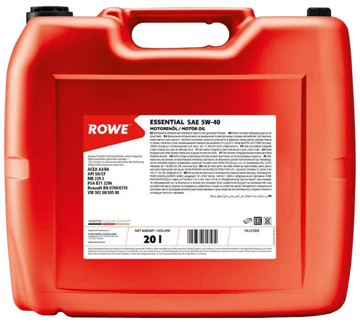 Моторное масло ROWE синтетическое 5w40 Essential A3/B4,Sn/Cf 20л