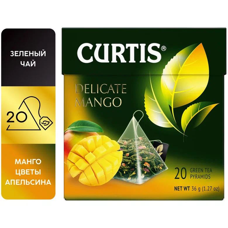 фото Чай curtis delicate mango зеленый с добавками 20 пирамидок