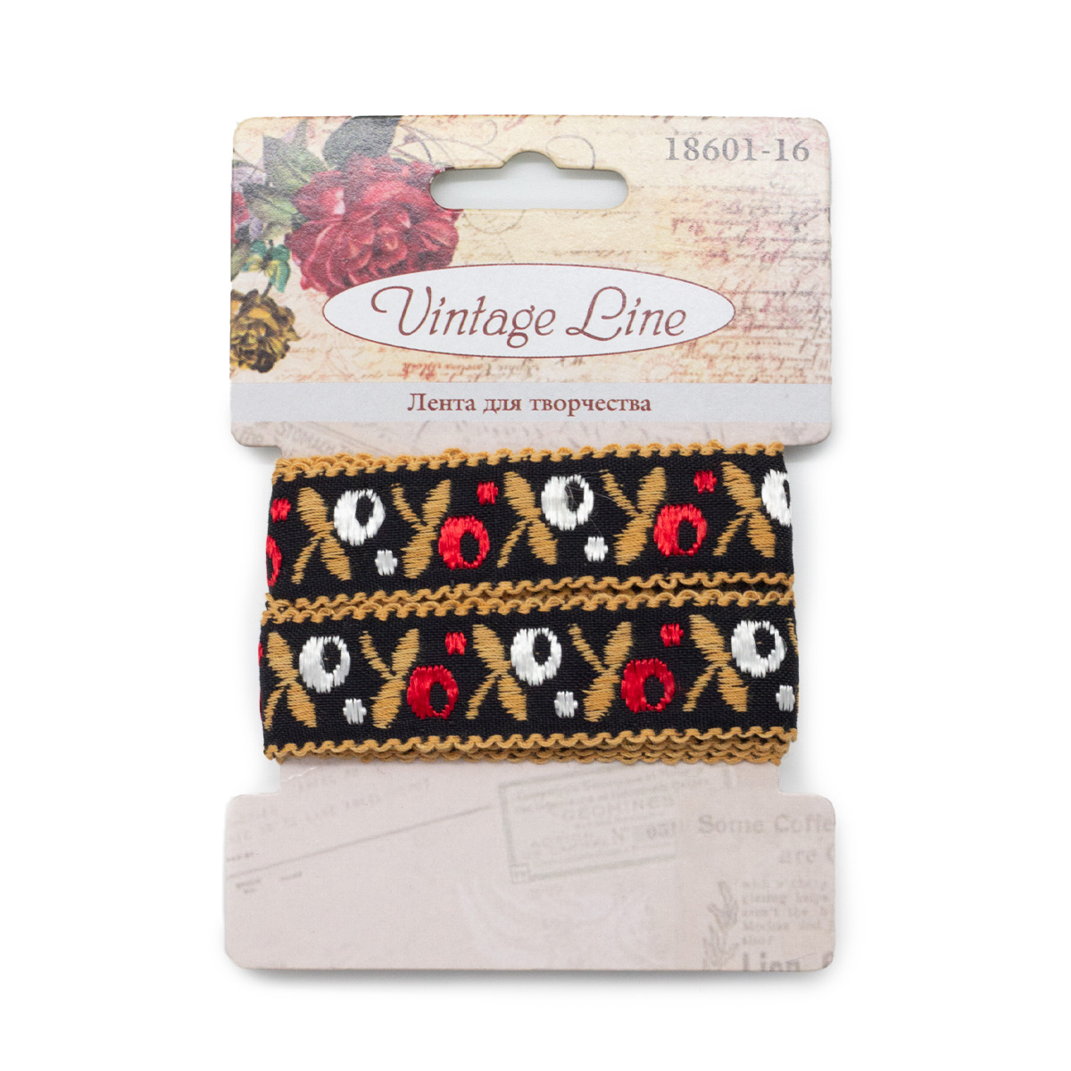 

Лента жаккардовая Vintage Line Цветочный принт, 20 мм x 1 м, 18601-16, Черный