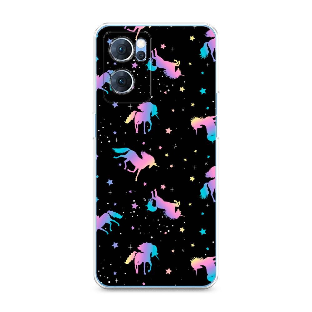 

Чехол для Oppo Reno 7 5G "Единороги градиент", Черный;розовый;голубой, 258150-1