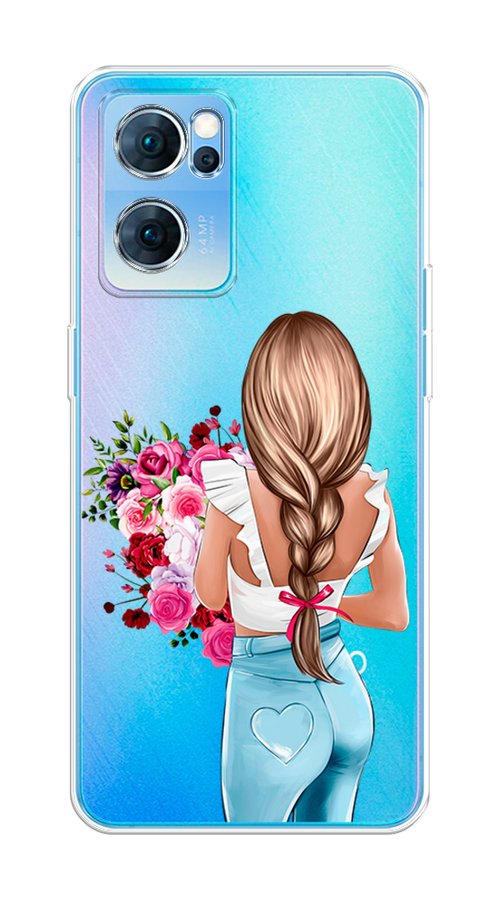 

Чехол на Oppo Reno 7 5G "Девушка с цветами", Коричневый;розовый;голубой, 258150-6