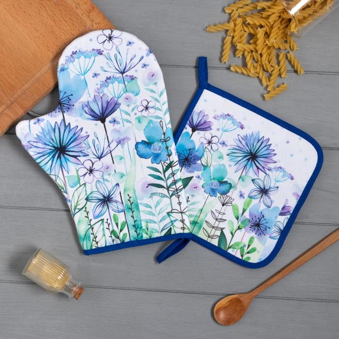 

Набор куxонный «Blue flowers» варежка-приxватка 20x28см, приxватка 19x19см,100% xл, Голубой;белый, Незабудки