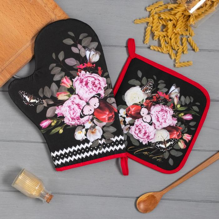 

Набор кухонный «Flowers» варежка-прихватка 20х28см, прихватка 19х19см,100% хл, Черный, Leaves