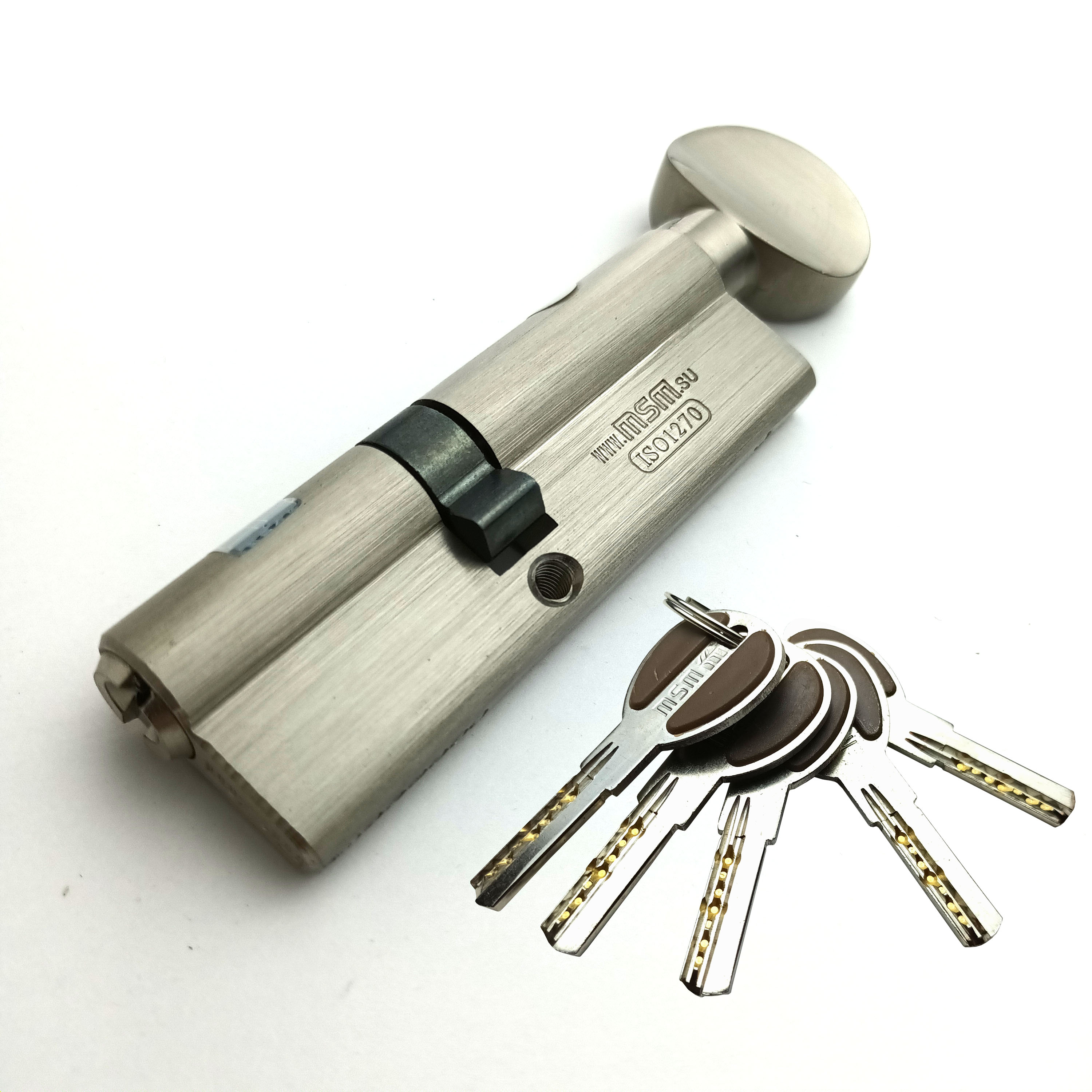 Цилиндровый механизм (Личинка замка) MSM 90 мм (50-40) ключ-вертушка, матовый никель цилиндровый механизм 90 мм с вертушкой перфор ключ 5 ключей золото