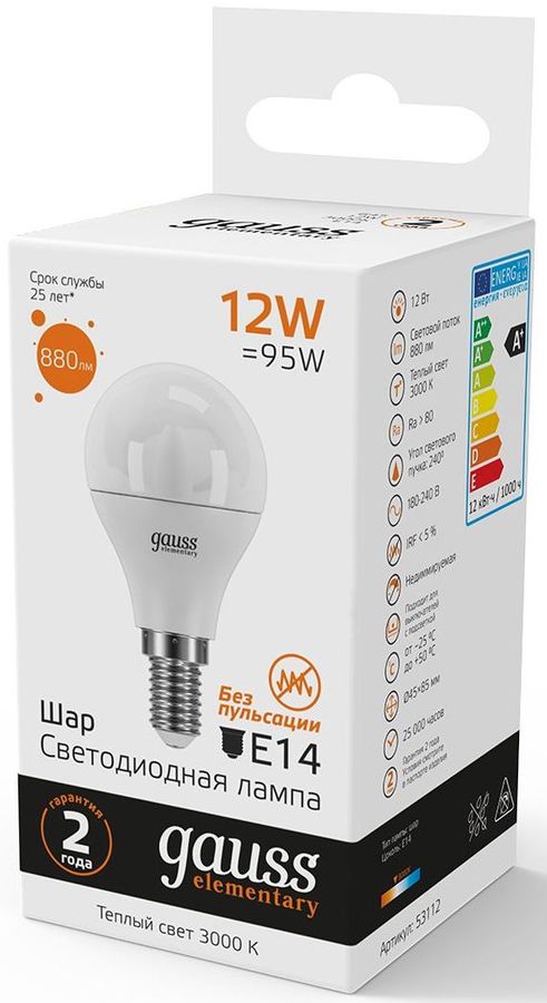 

Упаковка ламп LED GAUSS E14, шар, 12Вт, 3000К, белый теплый, 10 шт. [53112]