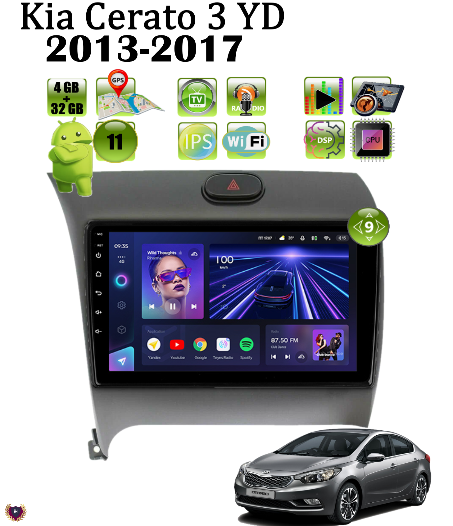 Автомагнитола Podofo для Kia Cerato 3 YD (2013-2017), Android 11, 4/32 GB, Bluetooth, WiFi