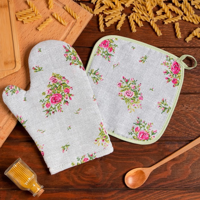 

Набор кухонный Доляна Roses on linen: варежка 20х27 см, прихватка 19х19 см, 100% хл, Белый, Roses on linen