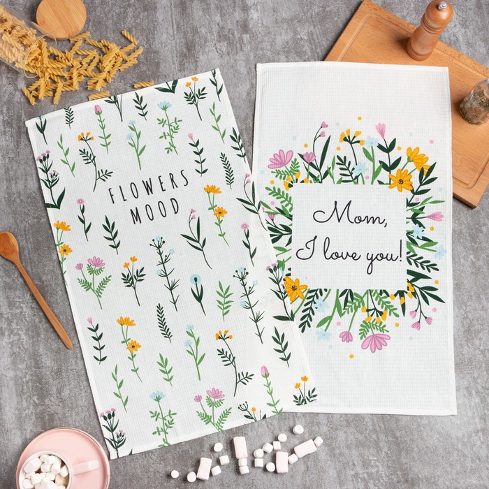 

Набор кухонных полотенец Доляна Flowers mood 35х60 см -2 шт, 100% хл, вафля 160 г/м2, Цветы