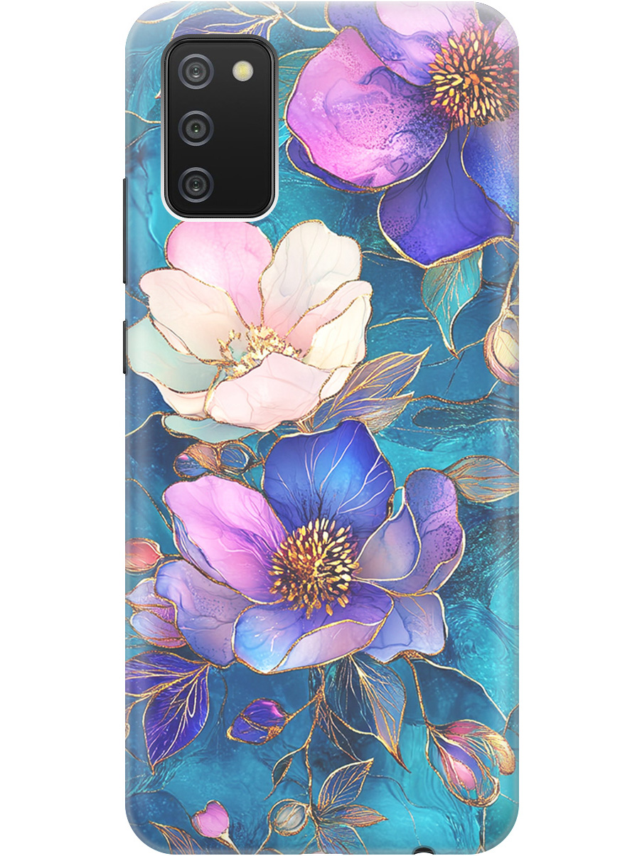 

Силиконовый чехол на Samsung Galaxy A02s с принтом "Фиолетовые цветы и листья", Прозрачный;белый;синий, 723602923
