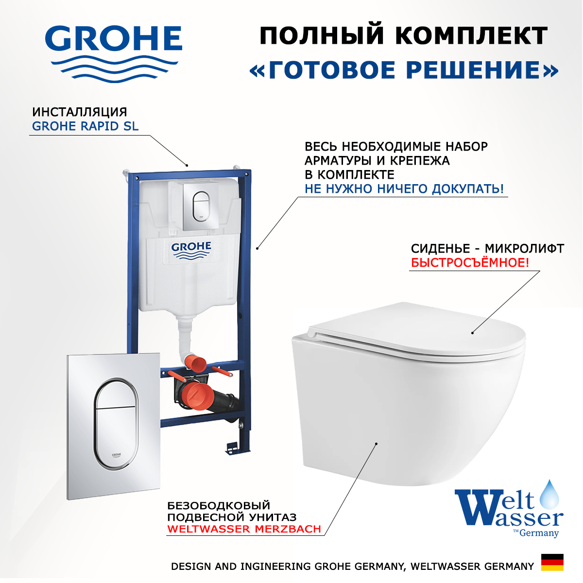 

Комплект: инсталляция Grohe Solido + унитаз Merzbach + кнопка хром, 512534