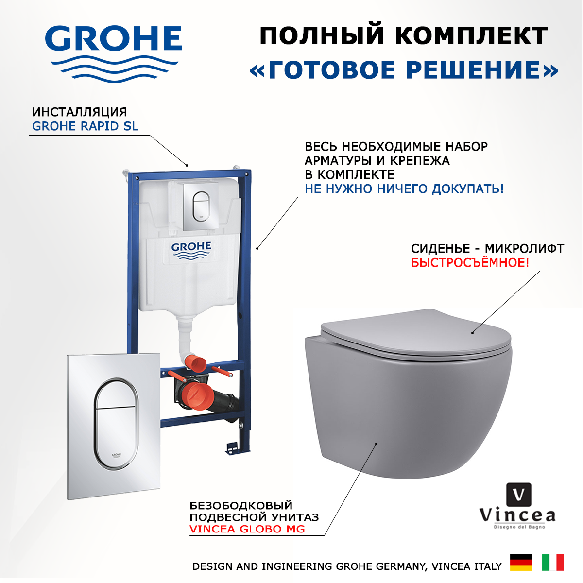 

Комплект: инсталляция Grohe Solido + унитаз Globo + кнопка хром, 513076