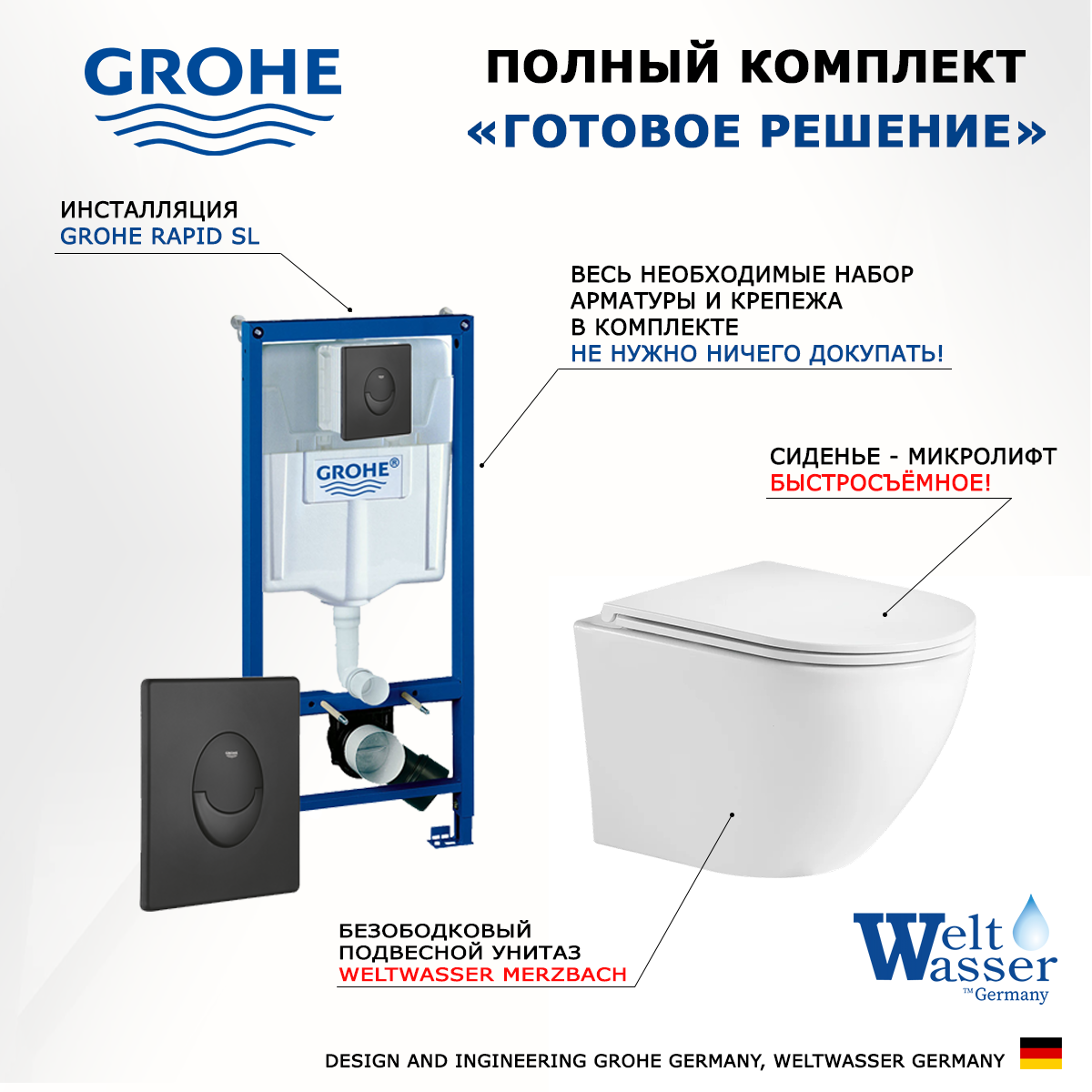 

Комплект: инсталляция Grohe Rapid SL + унитаз Merzbach + кнопка черная, 515669