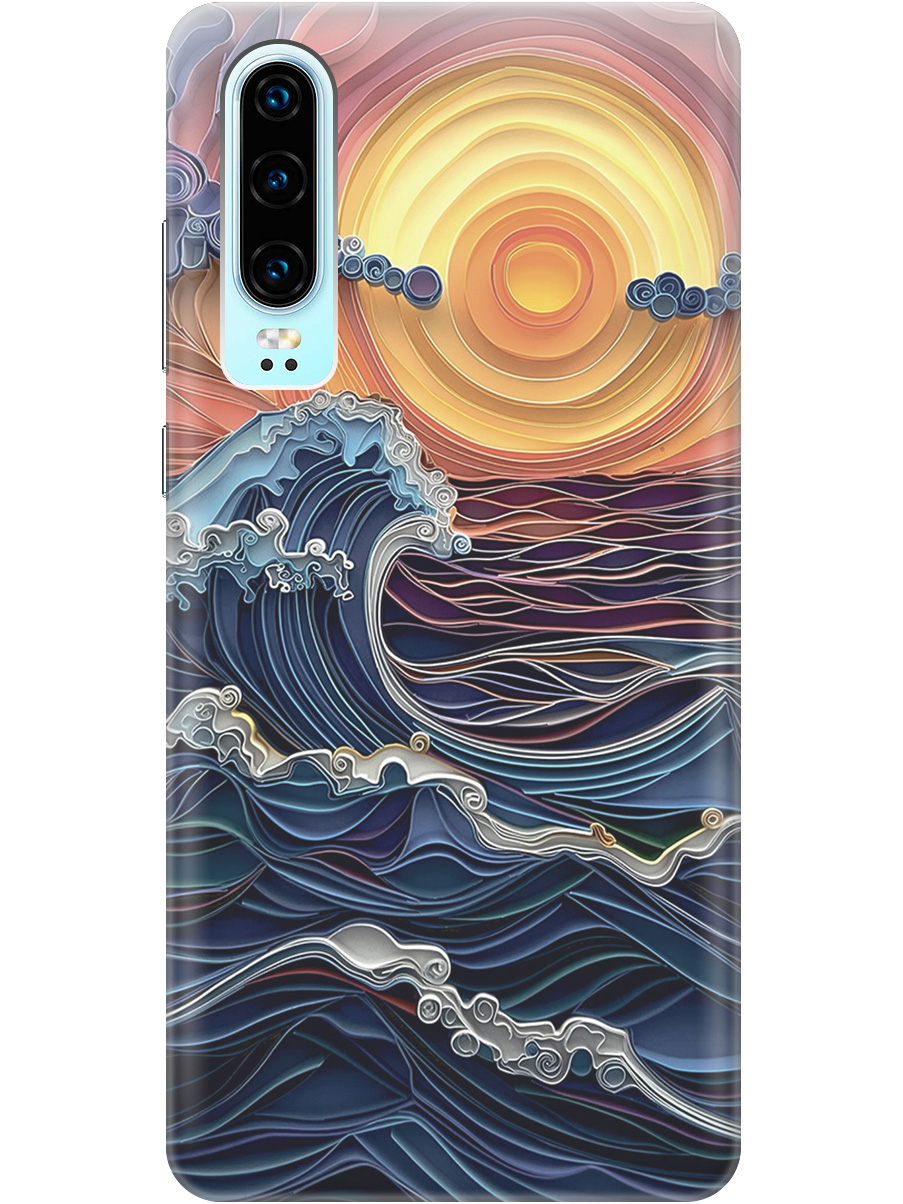 

Силиконовый чехол на Huawei P30 с принтом "Волны на закате", Прозрачный;оранжевый;синий, 720762510