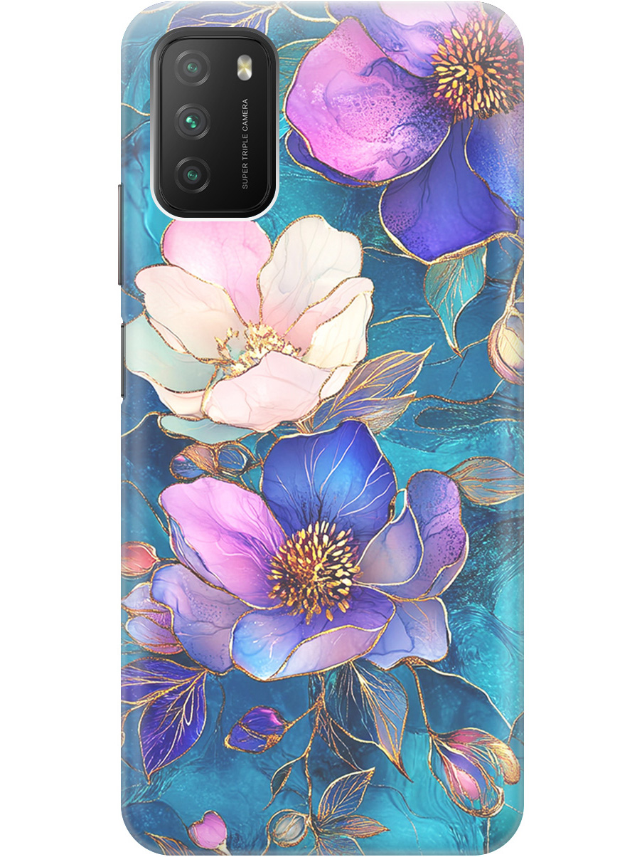 

Силиконовый чехол на Xiaomi Redmi 9T / Poco M3 с принтом "Фиолетовые цветы и листья", Прозрачный;белый;синий, 724142723