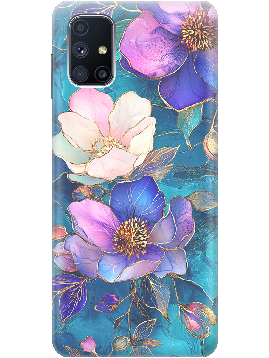 

Силиконовый чехол на Samsung Galaxy M51 с принтом "Фиолетовые цветы и листья", Прозрачный;белый;синий, 723412523