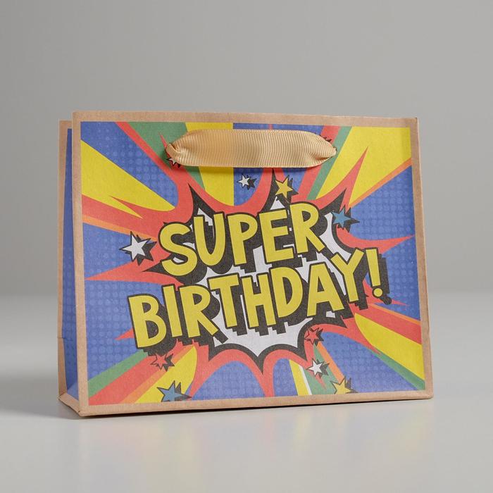 

Пакет крафтовый горизонтальный «Super birthday», S 15 х 12 х 5,5 см, Разноцветный