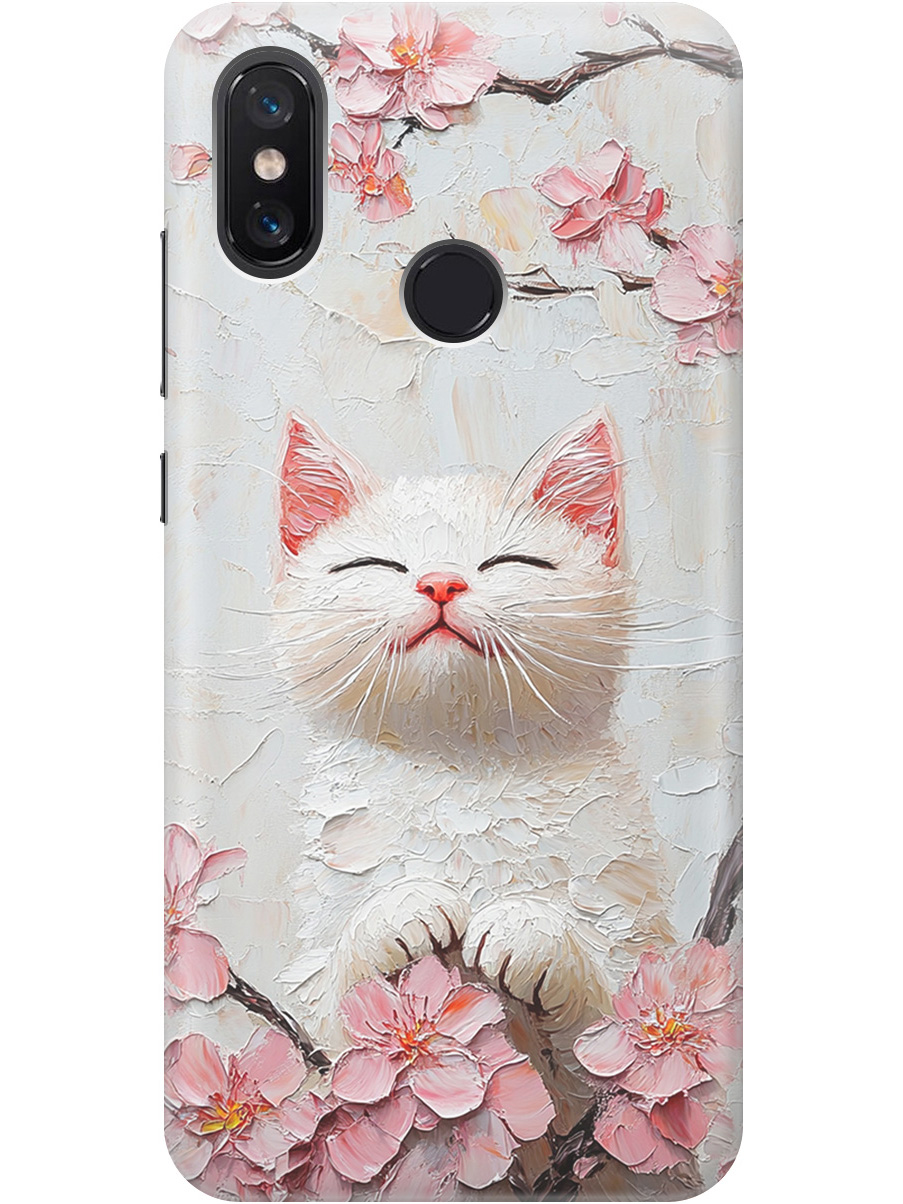 

Силиконовый чехол на Xiaomi Mi 8 с принтом "Котик и сакура", Прозрачный;белый;розовый, 718409912