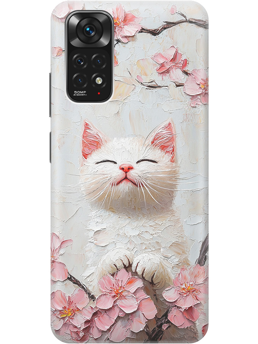 

Силиконовый чехол на Xiaomi Redmi Note 11 / Note 11S с принтом "Котик и сакура", Прозрачный;белый;розовый, 735250212
