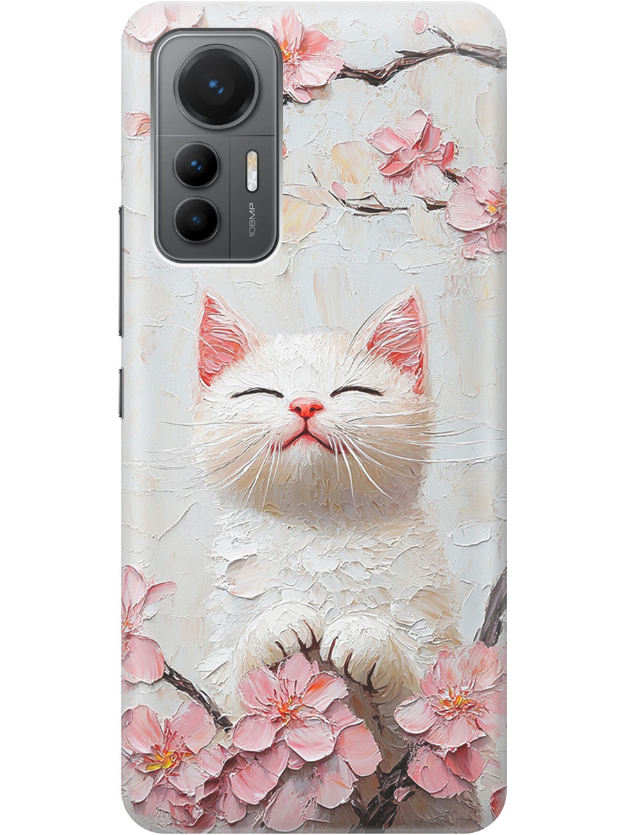 

Силиконовый чехол на Xiaomi 12 Lite с принтом "Котик и сакура", Прозрачный;белый;розовый, 740133312