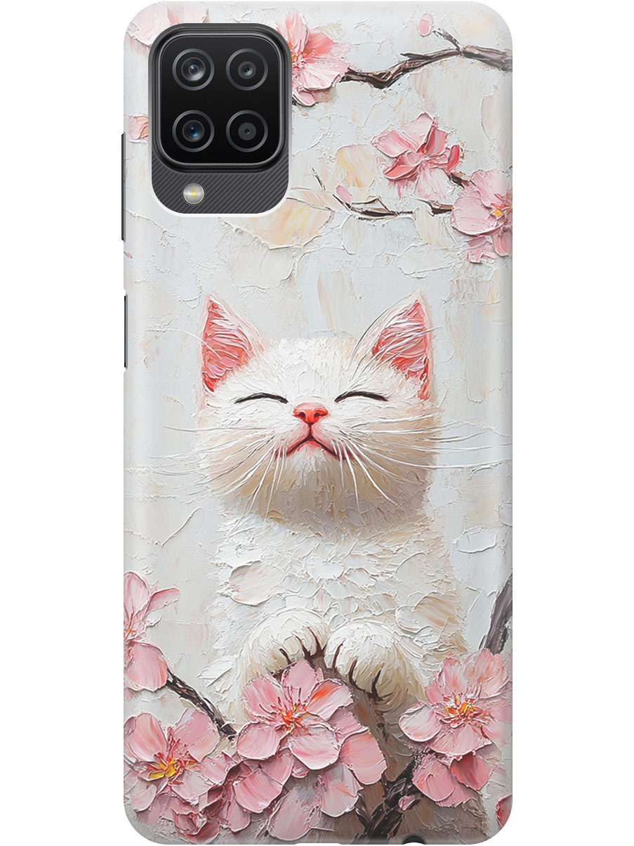 

Силиконовый чехол на Samsung Galaxy A12 / M12 с принтом "Котик и сакура", Прозрачный;белый;розовый, 723602812