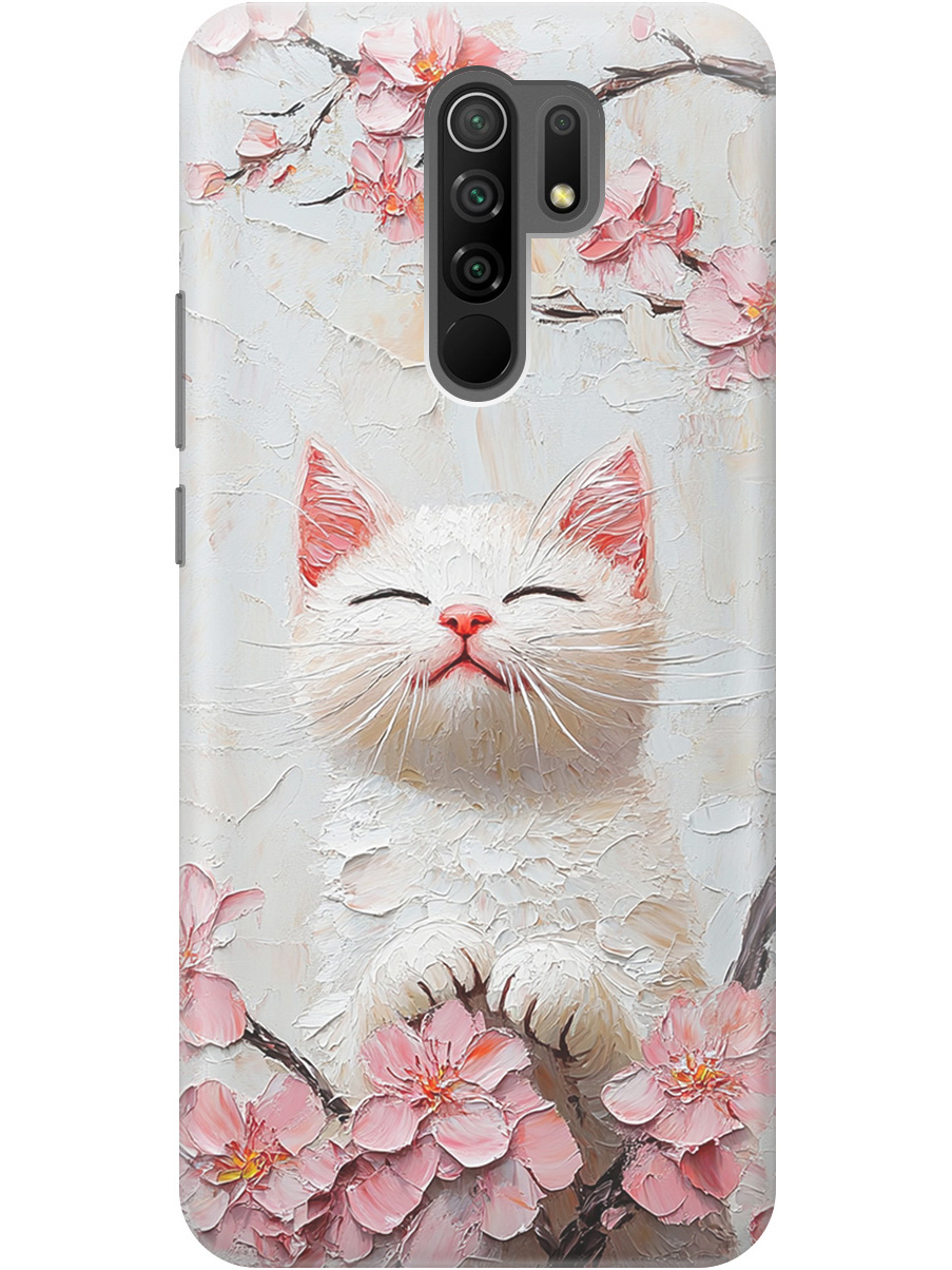 

Силиконовый чехол на Xiaomi Redmi 9 с принтом "Котик и сакура", Прозрачный;белый;розовый, 723276712