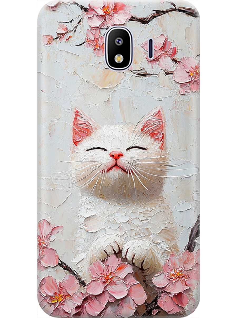 

Силиконовый чехол на Samsung Galaxy J4 (2018) с принтом "Котик и сакура", Прозрачный;белый;розовый, 718358912