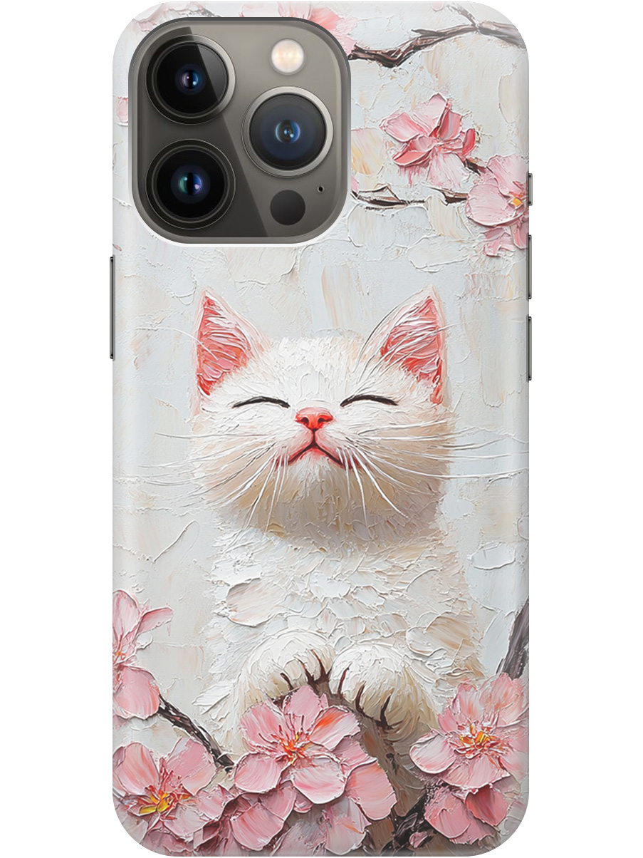 

Силиконовый чехол на Apple iPhone 13 Pro Max с принтом "Котик и сакура", Прозрачный;белый;розовый, 732247312