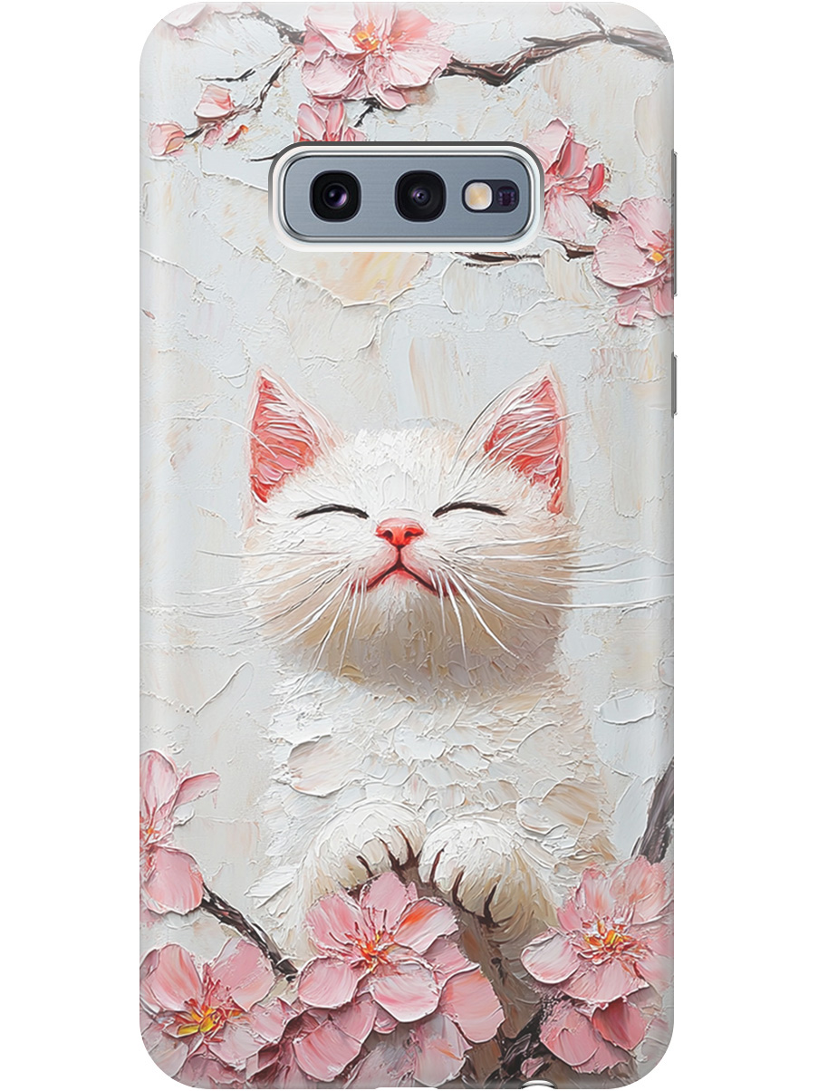 

Силиконовый чехол на Samsung Galaxy S10e с принтом "Котик и сакура", Прозрачный;белый;розовый, 720461212