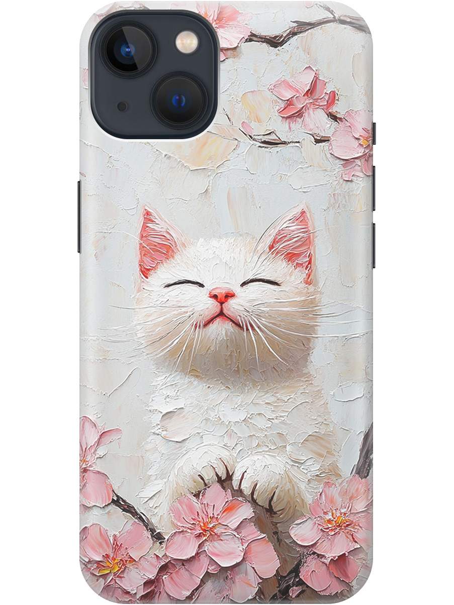 

Силиконовый чехол на Apple iPhone 14 с принтом "Котик и сакура", Прозрачный;белый;розовый, 745400512