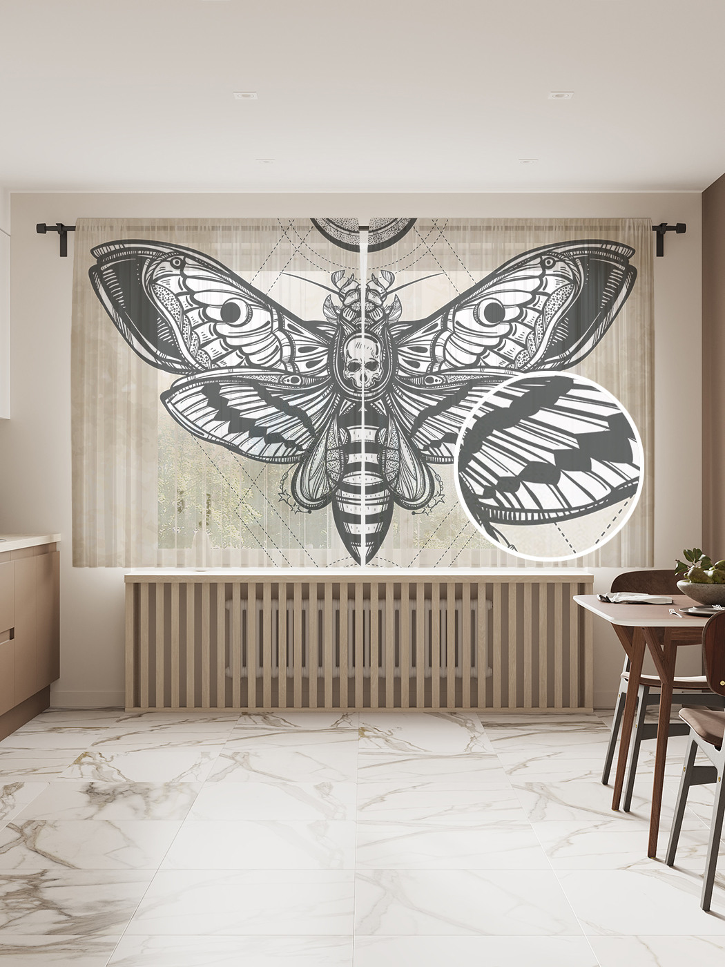 

Фототюль JoyArty "Лунная бабочка с черепом" 145x180см, 2 полотна, лента, 50 крючков, Лунная бабочка с черепом