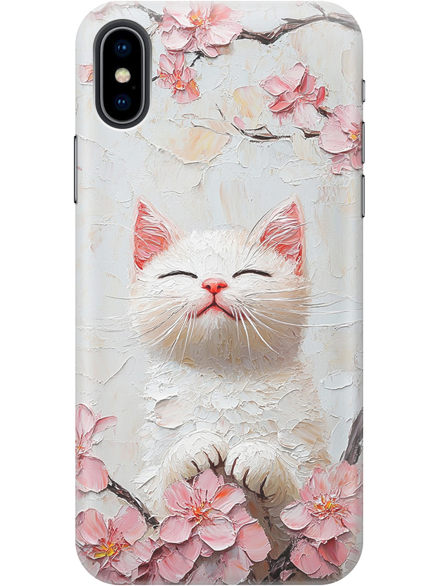 

Силиконовый чехол на Apple iPhone Xs / X с принтом "Котик и сакура", Прозрачный;белый;розовый, 715365412
