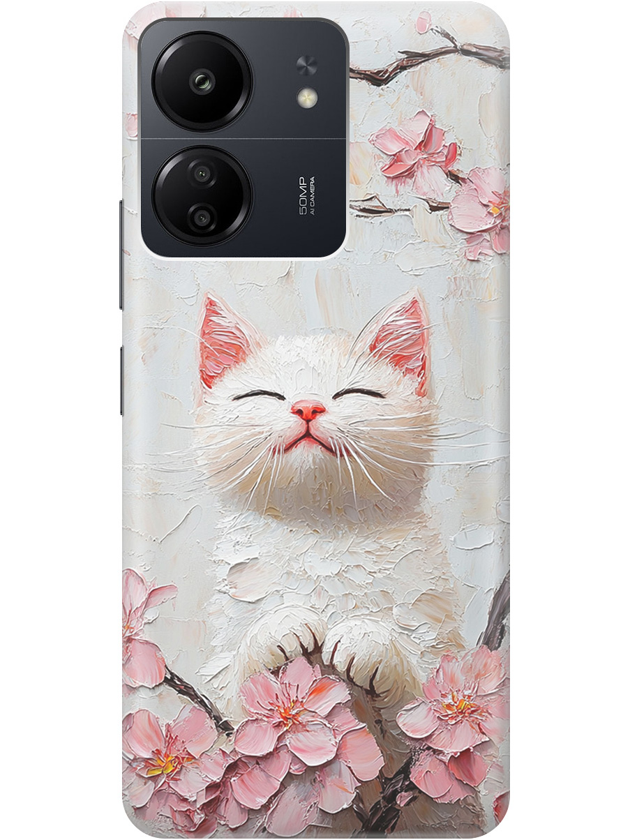 

Силиконовый чехол на Xiaomi Redmi 13C / Poco C65 с принтом "Котик и сакура", Прозрачный;белый;розовый, 777767712