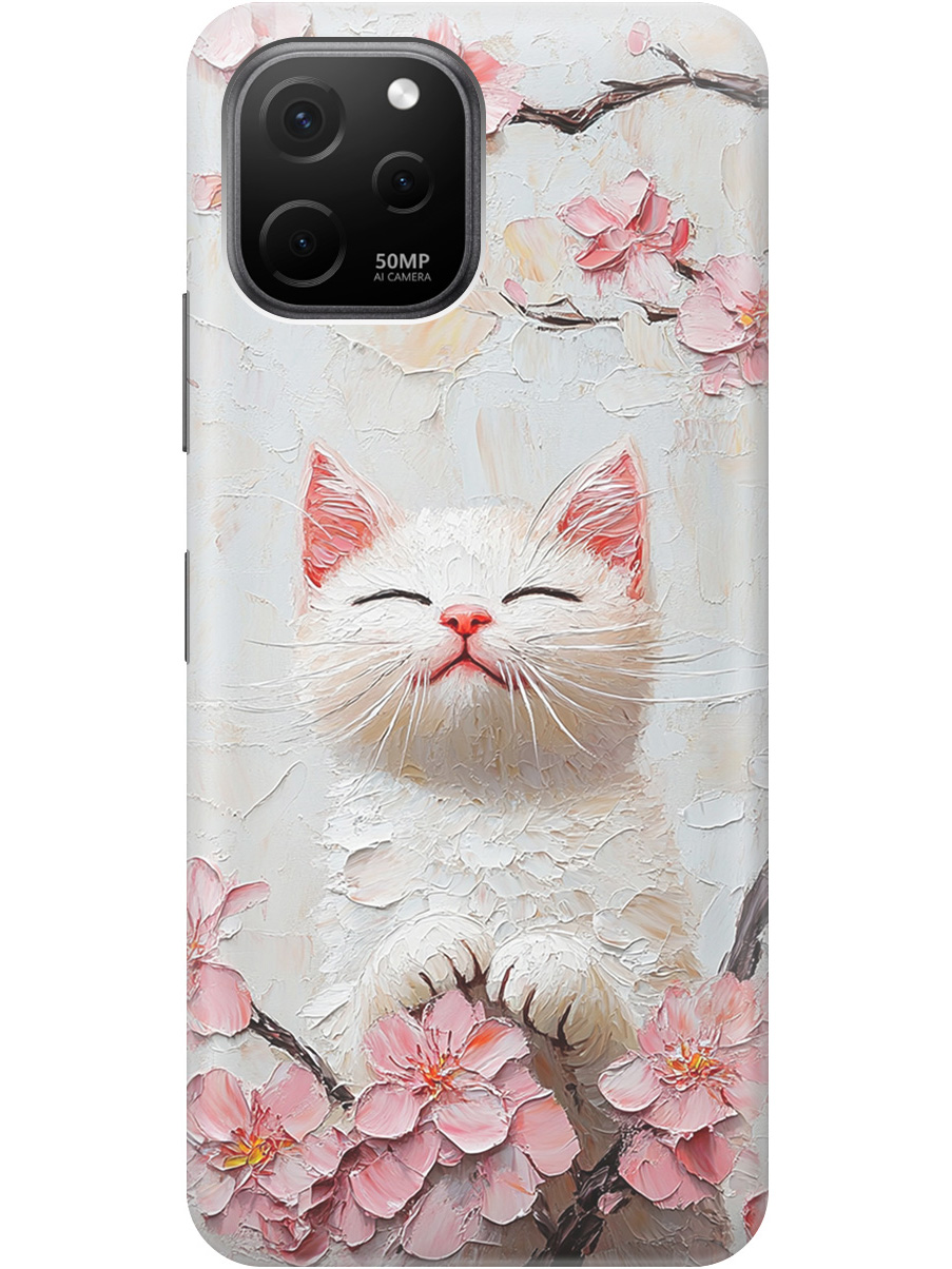 

Силиконовый чехол на Huawei nova Y61 с принтом "Котик и сакура", Прозрачный;белый;розовый, 762098512
