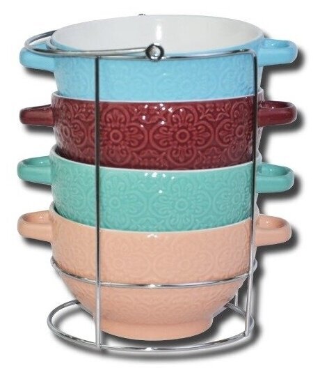 фото Набор керамическиx супниц с ручками из 4 предметов на подставке kelli kl-390