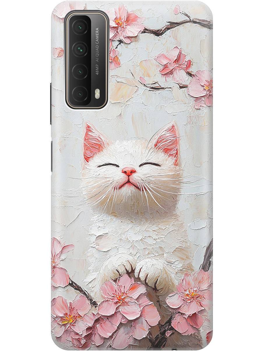 

Силиконовый чехол на Huawei P Smart (2021) с принтом "Котик и сакура", Прозрачный;белый;розовый, 723603012