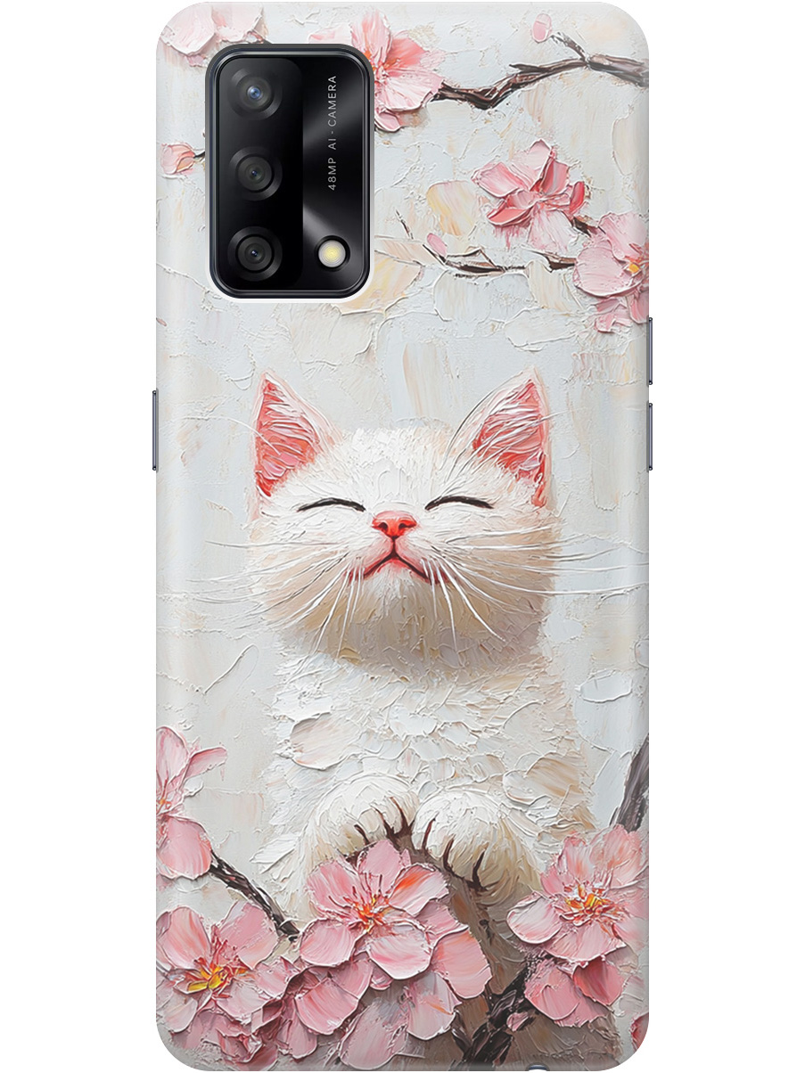 

Силиконовый чехол на OPPO A74 с принтом "Котик и сакура", Прозрачный;белый;розовый, 726147212