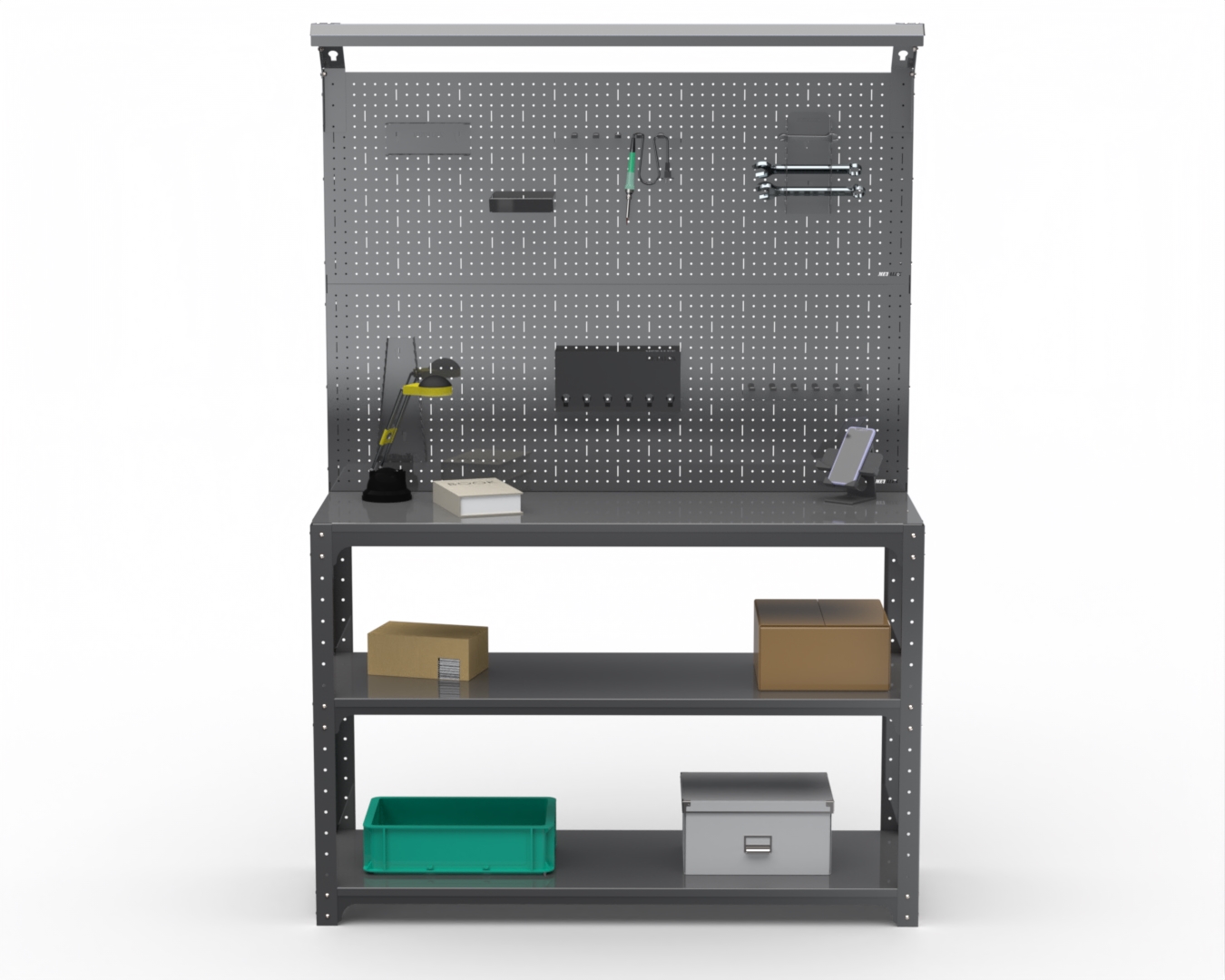 

Стол-верстак Metalex серия KIT 950х1500х500 2-е полки, двойная перфопанель, освещение, Серый