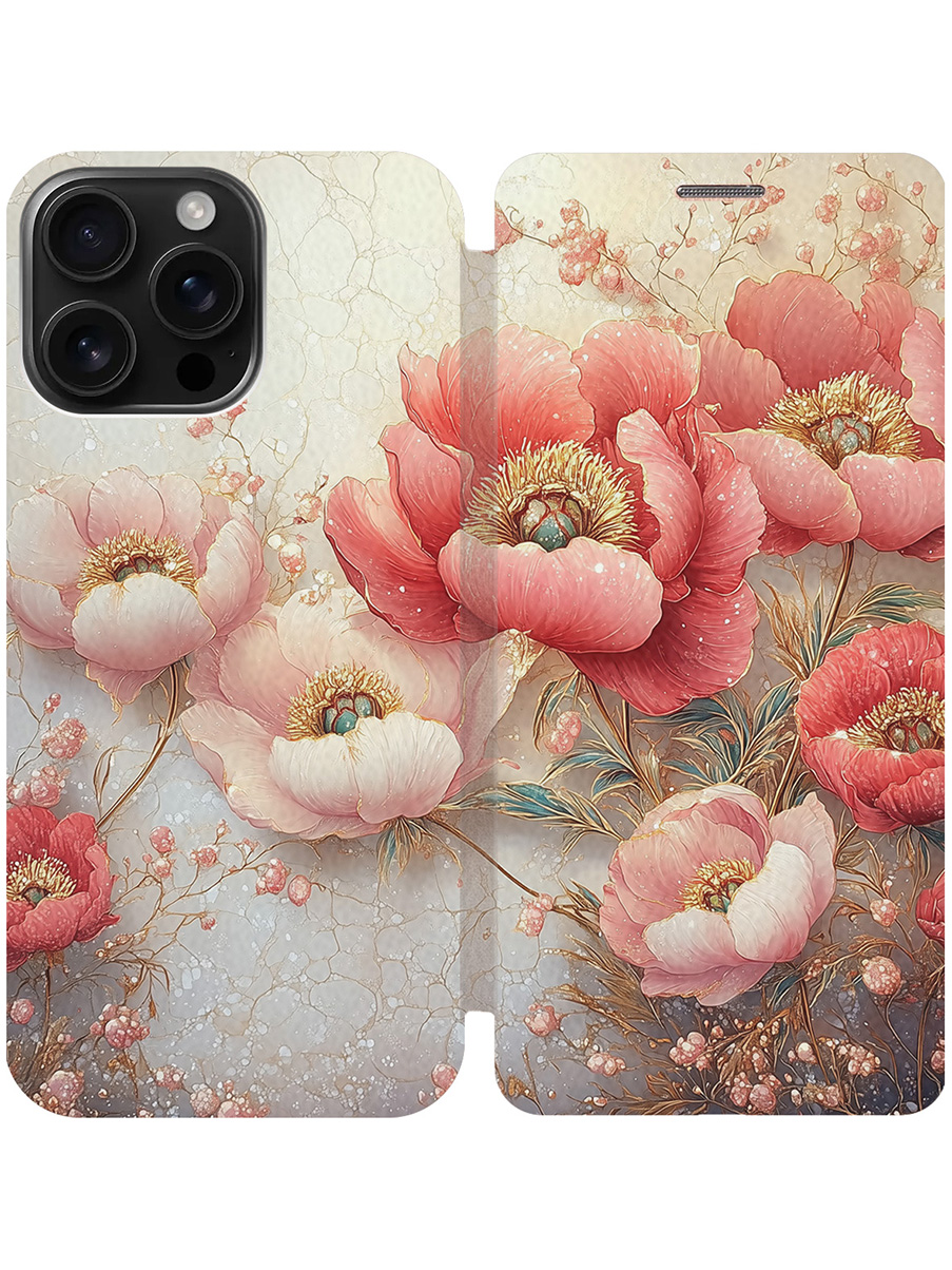 

Чехол-книжка на Apple iPhone 16 Pro Max с принтом "Винтажные маки" золотой, Золотистый;белый;красный, 785198323